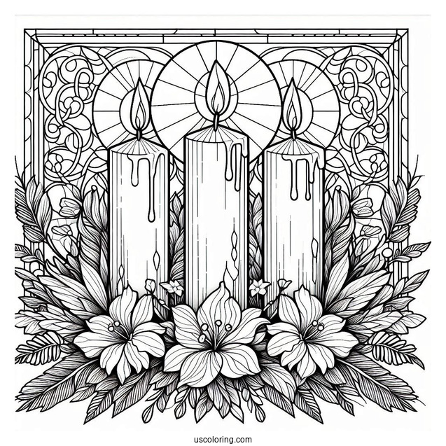 Four Candles Surrounded By Flowers Stained Glass Coloring Page