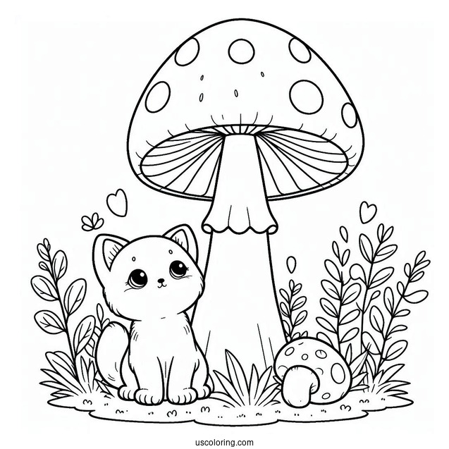 Kittens Sitting On Tall Mushroom Coloring Page