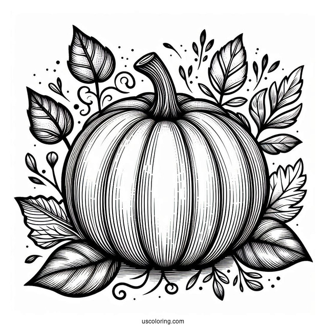 Detailed Pumpkin Coloring Page With Leaves