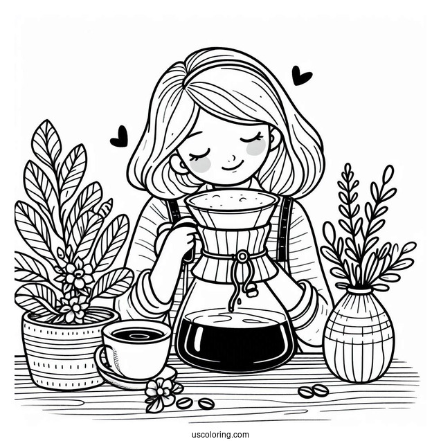 Coffee Coloring Pages Of Easy Woman Hugging Chemex Coffee Maker For Kids