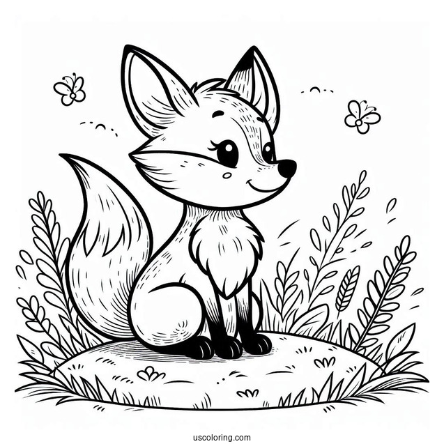 Cartoon Fox Coloring Page Sitting On The Grass
