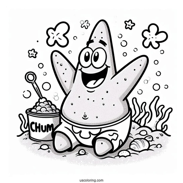 Smiling Patrick Star Coloring Page In Front Of Chum Bucket