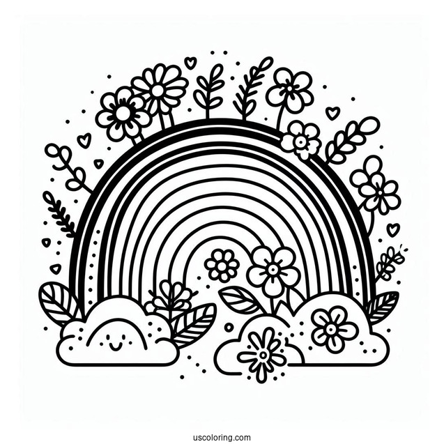 Easy Rainbow With Flowers Coloring Page For Preschoolers