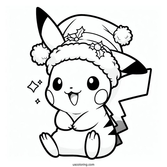 Cute Pikachu Wearing Santa Hat Christmas Coloring Sheet