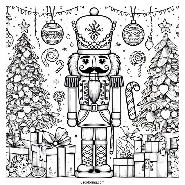 Detailed Nutcracker Coloring Page In Front Of Presents And Christmas Trees