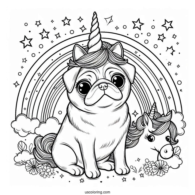 Magical Pug Coloring Page with Unicorn Horn and Rainbow Background