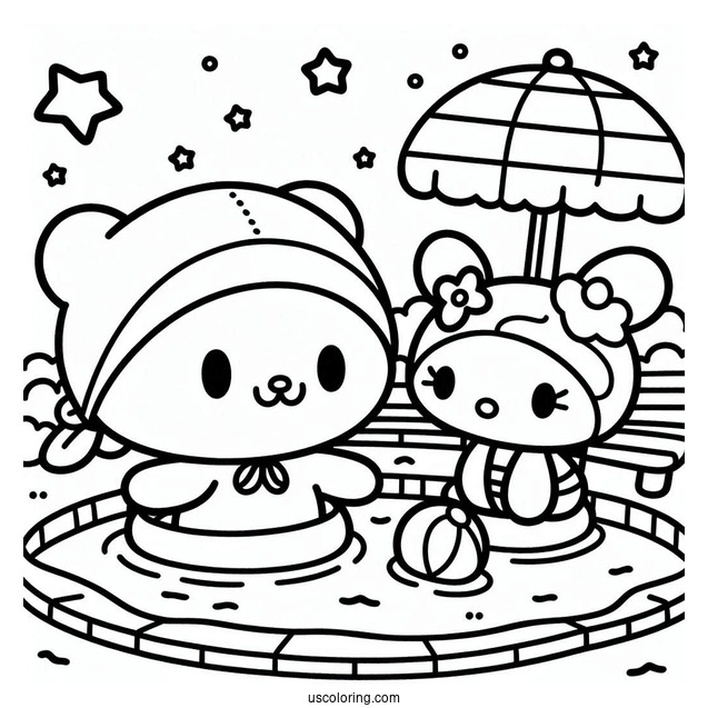 Sanrio Coloring Pages Of Keroppy And My Melody Playing In Pool Park