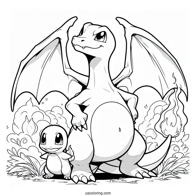 Charizard Standing Behind Charmander
