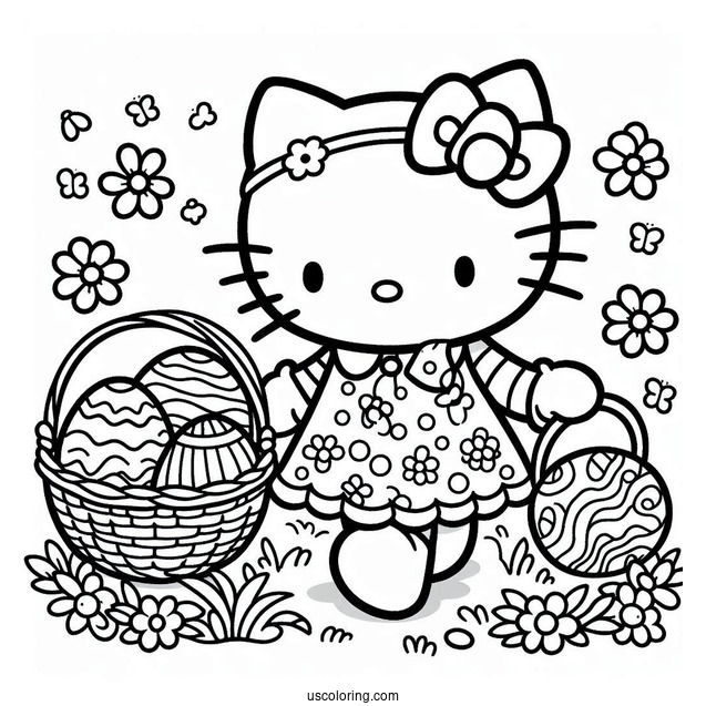Easter Coloring Page Of Easy Hello Kitty Walking With Basket Of Easter Eggs