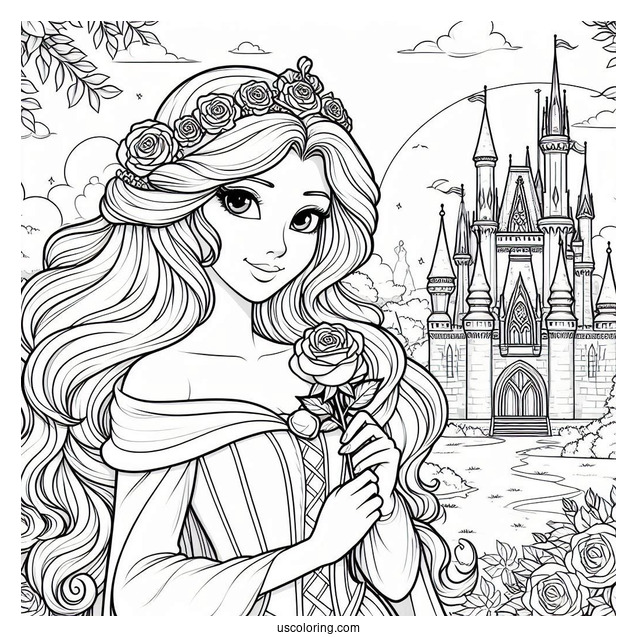 Princess Coloring Page Of Aurora Holding Rose Outside Castle