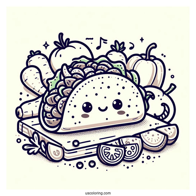 Cute Taco On A Chopping Board Surrounded By Vegetables