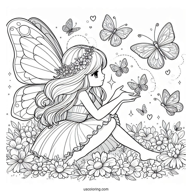 Fairy Playing With Tiny Butterflies Coloring Page