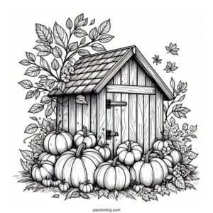 Wooden Shed Covered In Leaves And Filled With Pumpkin Coloring Page