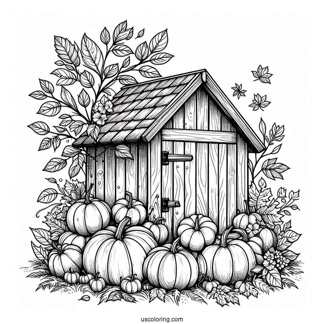 Wooden Shed Covered In Leaves And Filled With Pumpkin Coloring Page