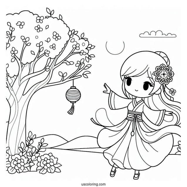 Woman Dancing Under A Tree Cute Coloring Page