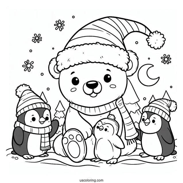 Coloring Page Of Cartoon Polar Bear With Penguins On Christmas