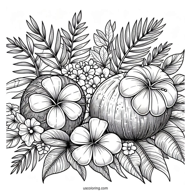 Full Page Flowers And Coconut Coloring Page