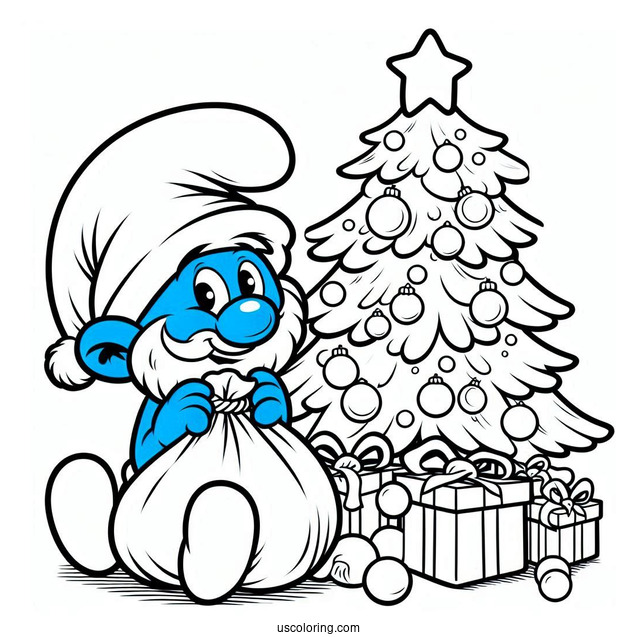 Santa Smurf Beside Christmas Tree Coloring In