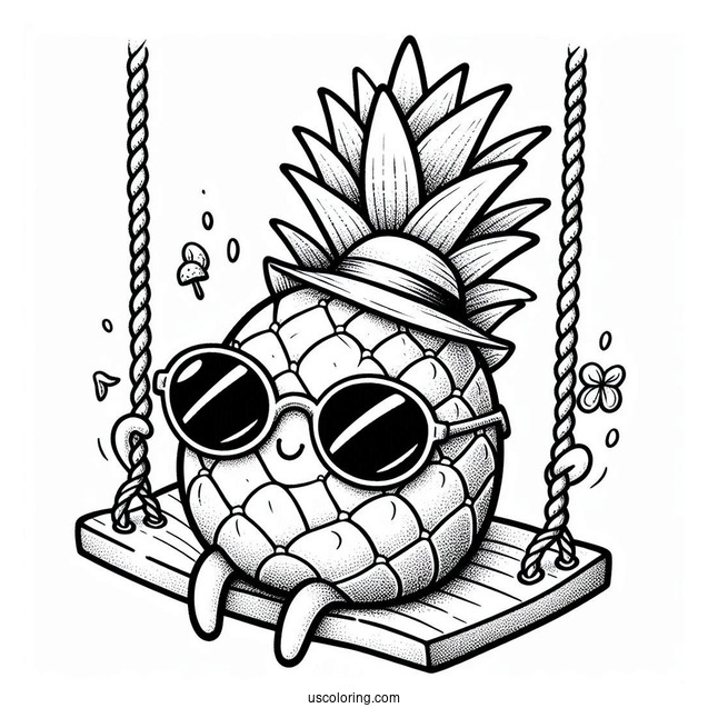Pineapple Coloring Page on Swing Wearing Sunglasses and Hat