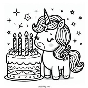 Kawaii Unicorn Cake With Candles Coloring In