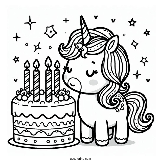 Kawaii Unicorn Cake With Candles Coloring In