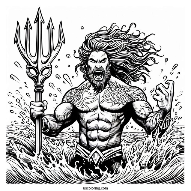 Aquaman Coloring Page Angry Poseidon Holding His Trident Above The Sea