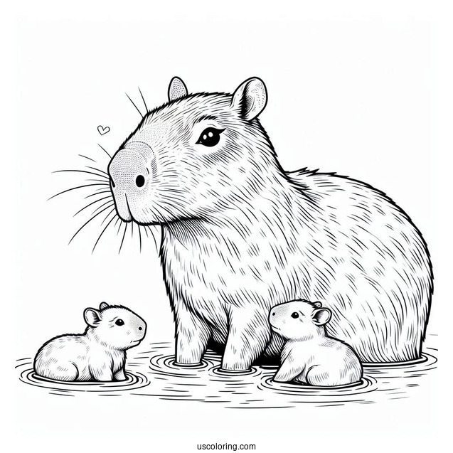 Mama Capybara Coloring Page With Babies In The Water