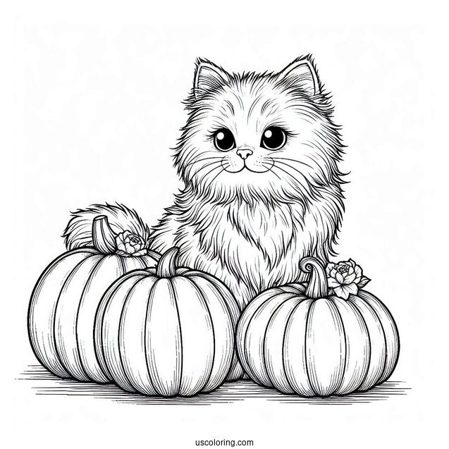 Furry Cat Sitting Next To Pumpkins Coloring Page