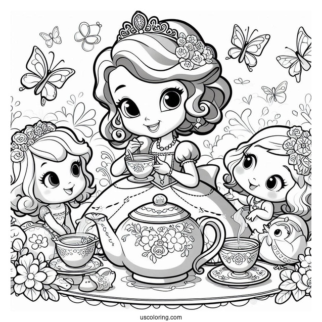 Sofia The First Coloring Pages Tea Party With Clover, Whatnaught, Griffin, And Mia