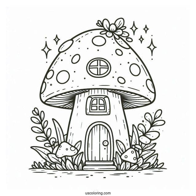Adorable Mushroom Coloring Page House For Kids