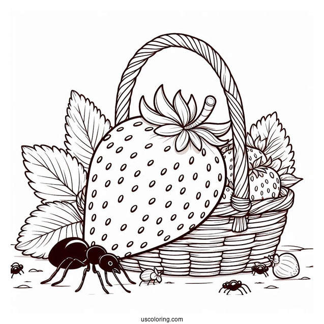 Giant Strawberry Coloring Page Beside A Basket With Ants