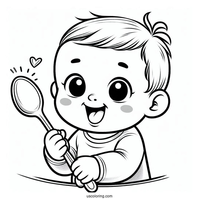 Baby Coloring Page Of Grinning Toddler Holding A Spoon