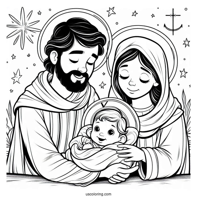 Nativity Coloring Page Of Smiling Joseph And Mary With Baby Jesus