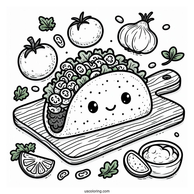 Cute Taco On A Chopping Board Surrounded By Vegetables