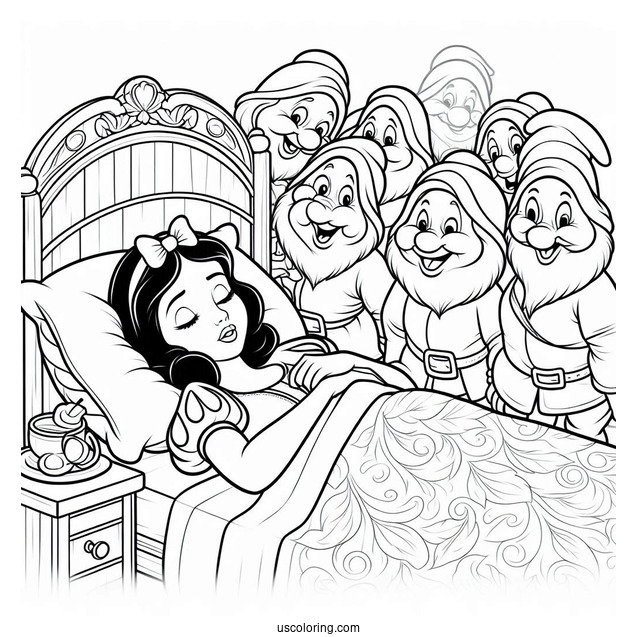 Snow White In Bed Being Woken Up By The Seven Dwarfs