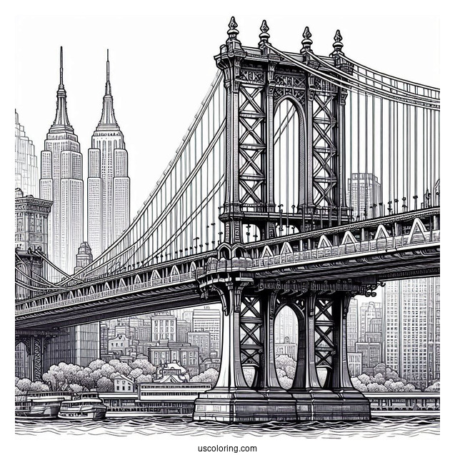 Realistic Manhattan Bridge In New York Coloring Page