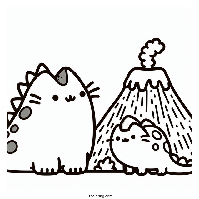 Dinosaur Pusheen Next To Volcano To Color