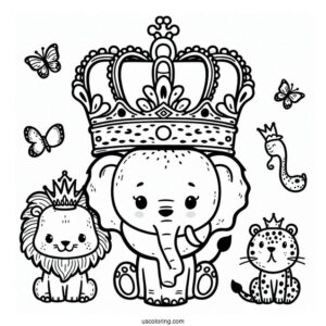 Jungle Animal Crown Coloring Page with Lion, Elephant, and Leopard For Preschoolers
