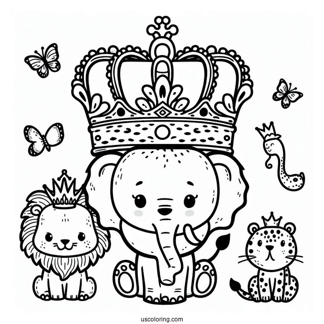 Jungle Animal Crown Coloring Page with Lion, Elephant, and Leopard For Preschoolers