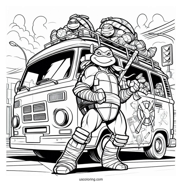Ninja Turtles Coloring Page Of Donatello Standing In Front Of Turtle Van