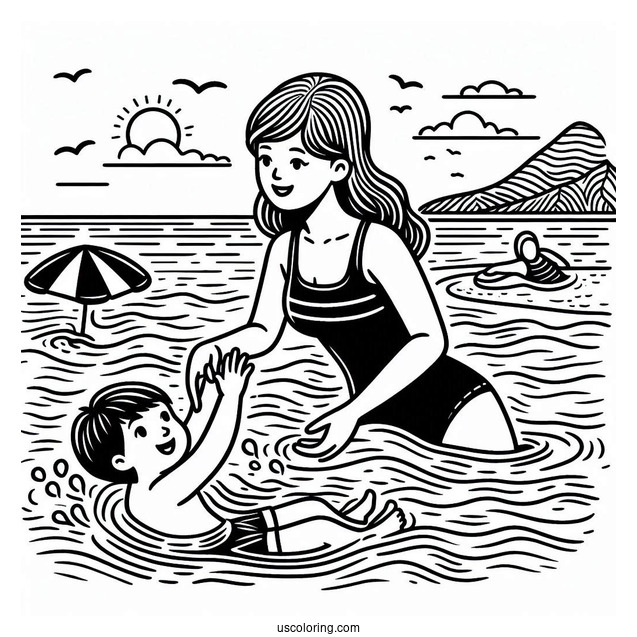 Swimming Coloring Page Of Mother Teaching Son To Swim