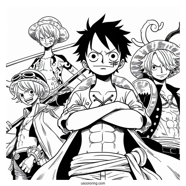 One Piece Coloring Page Of Luffy, Zoro, Sanji, Usopp, And Nami For Kids