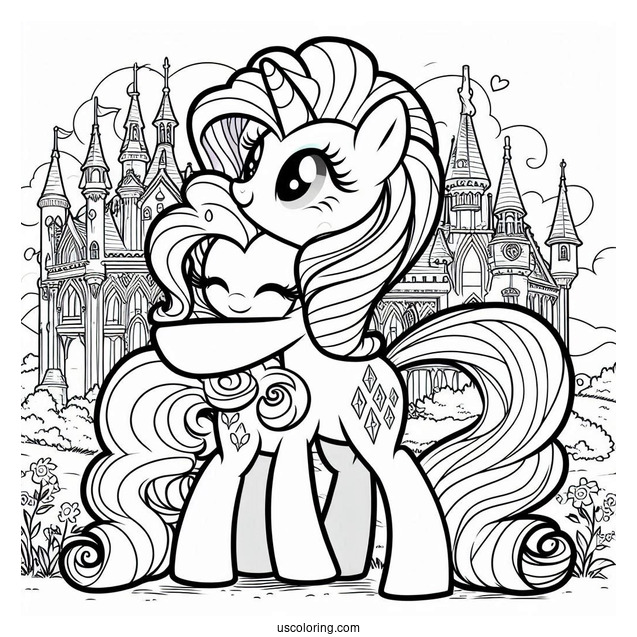 Pinkie Pie Hugging Rarity Coloring Page In Front Of A Castle