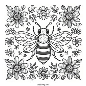 Bee Coloring Page Of Surrounded By Flowers And Leaves