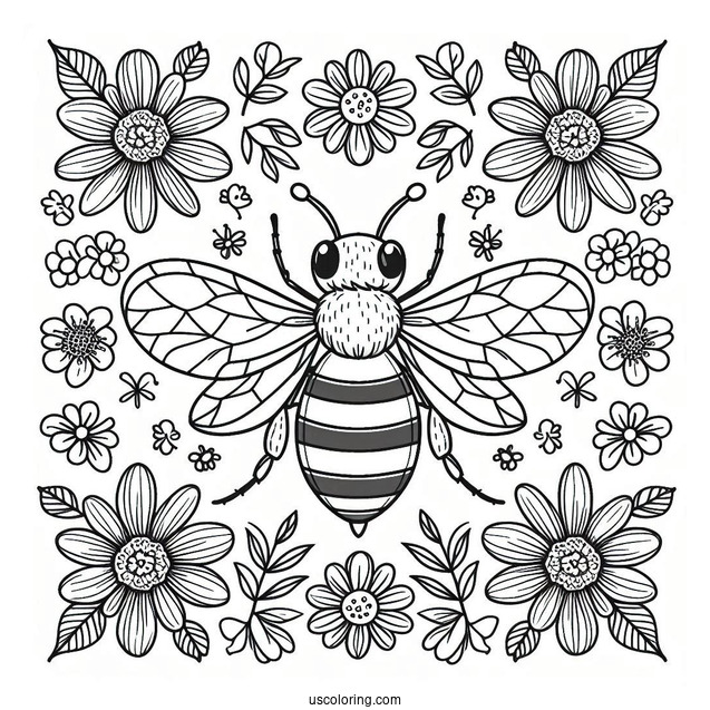 Bee Coloring Page Of Surrounded By Flowers And Leaves
