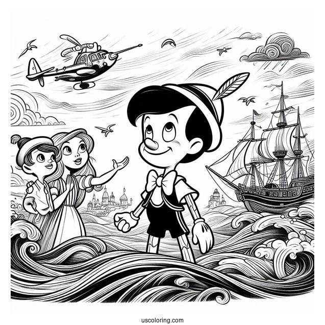 Pinocchio Coloring Page With Jiminiy, Figaro, And Cleo In Stormy Seas