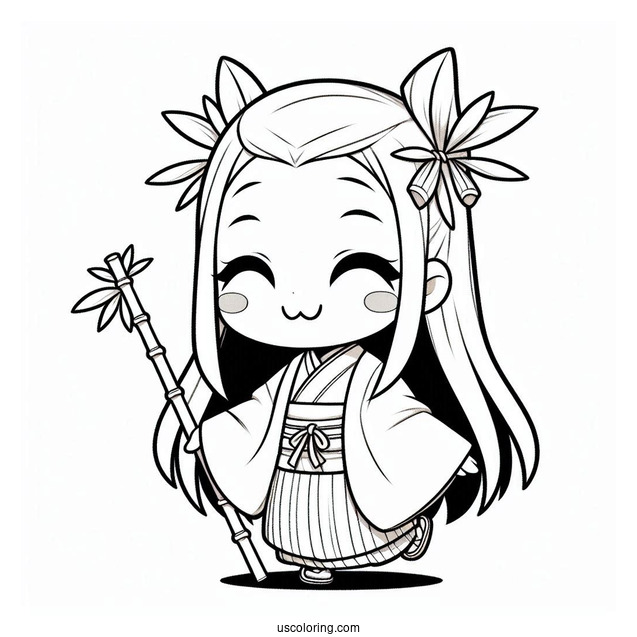 Kawaii Chibi Nezuko Coloring Page Wearing Bamboo