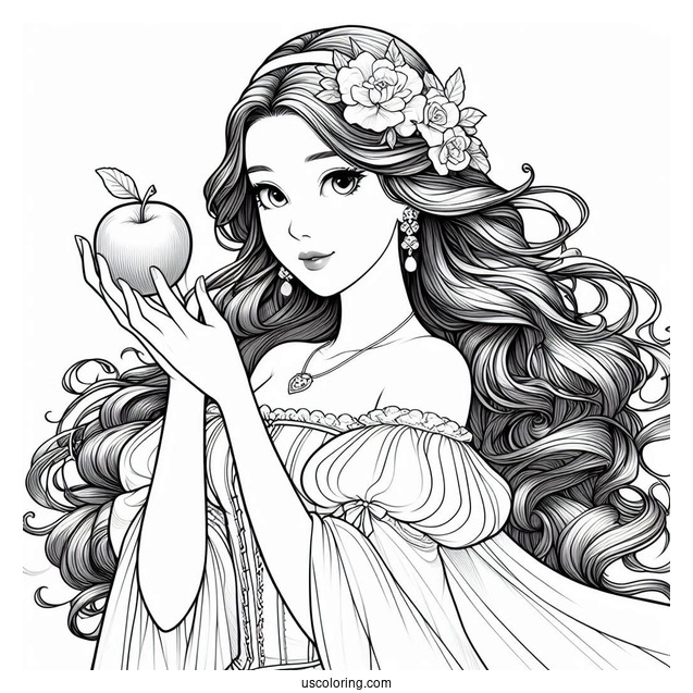 Princess Coloring Page Of Realistic Snow White Holding Apple