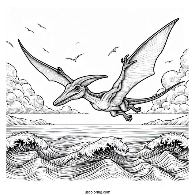 Realistic Pterodactyl Coloring Page Flying Over The Sea