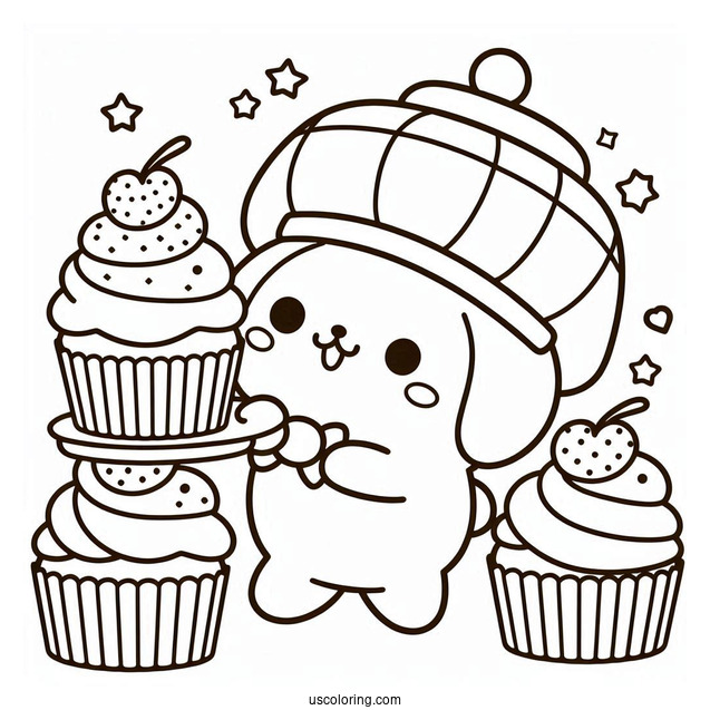 Kawaii Pompompurin Serving Cupcakes Coloring Page